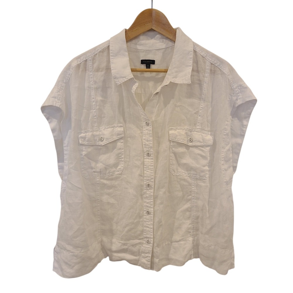 Talbots White 100% Linen Sleeveless Button Front Shirt XL Boxy Lightweight‎